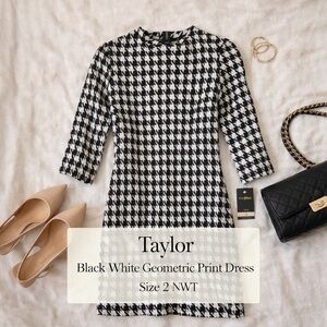 Taylor Black White Geometric Print Dress Size 2 NWT